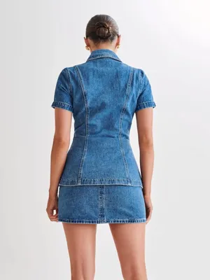 MESHKI NWT Ellie SET - medium Blue Denim Button-Front top & mini denim skirt thumbnail 4