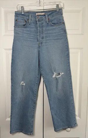 Levis Ribcage Straight Ankle Womens 28 Light Blue Distressed Jeans Retro thumbnail 1