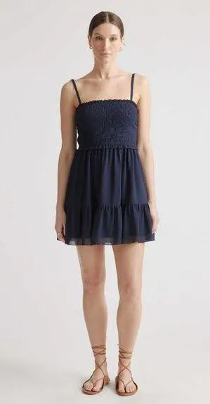 Quince Womens Chiffon Smocked Sleeveless Mini Dress Navy Blue XL thumbnail 1