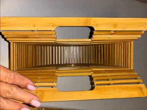 Tan Bamboo Structured Slat Handbag Fan Shaped Semi Circular Design Top Handles thumbnail 2