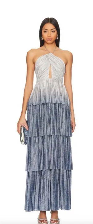 NEW Line & Dot Oracle Maxi Dress Denim Blue Halter Tiered Ruffle Formal Gown thumbnail 1