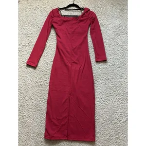 Wine Red Square Neck Midi Dress with‎ Chain Detail, US Size S/XS, Party Slim Fit thumbnail 5