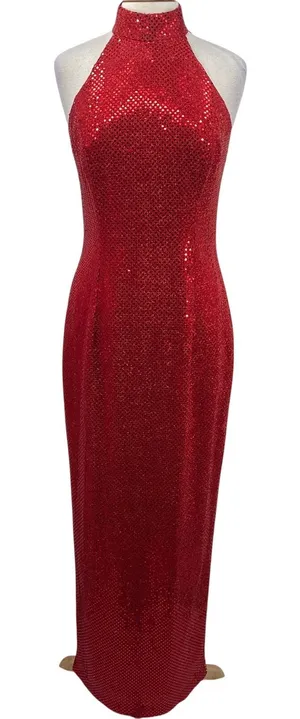 Vintage 90s Sequined High Neck Gown Open Back Maxi Dress Red Womens 8 thumbnail 1