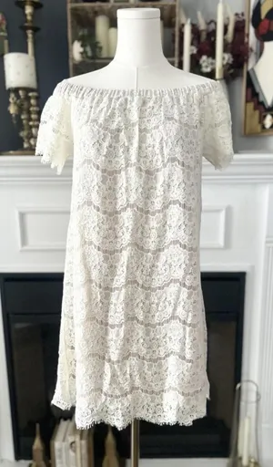 Love, Fire Off Shoulder Cream Lace Mini Dress Women’s Size Medium thumbnail 1