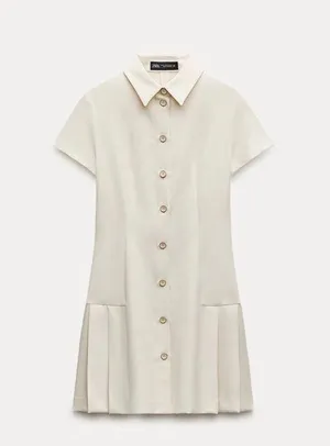 Zara mini dress pleated skirt collar button up ivory casual classic old money thumbnail 3