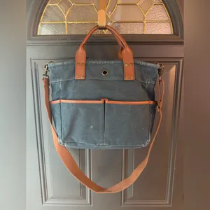 Levenger Bloomsbury Blue Canvas Bag with Brown Leather Accents thumbnail 3