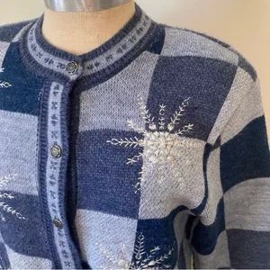 Vintage 90’s Y2K Snowflake Knit Cardigan Sweater Blue Button Holiday S thumbnail 2