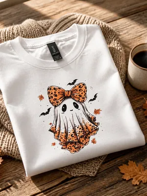 Gildan White Halloween Ghost Bow Tie 100% Cotton T-Shirt Size XL-POD thumbnail 3