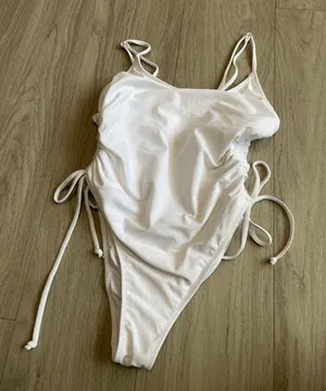 White Ruched One-Piece Swimsuit with Side Ties thumbnail 1