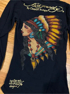 Ed Hardy Women’s M Medium Black Button Polo Long Sleeve Rhinestone Angel Shirt thumbnail 6