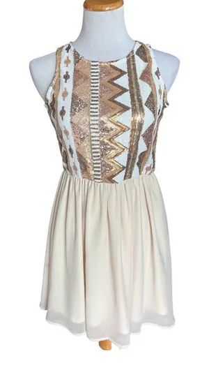 Womens Anthropologie Double Zero Sequin & Chiffon Aztec Rose Gold Dress - Sz S thumbnail 1