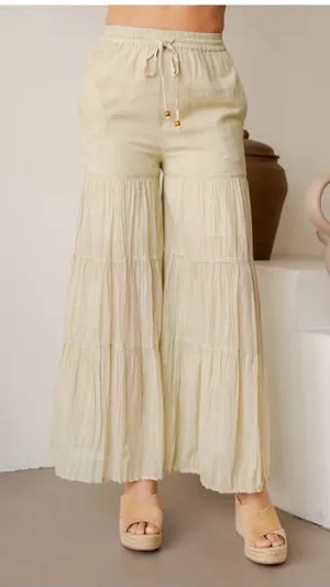 Young Threads Tiered Wide Leg Palazzo Pants S Moss Sage Linen Look Boho NWT thumbnail 1