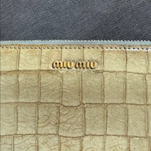 Miu Miu Metallic Gold Croc-Embossed Wallet with light blue interior. thumbnail 2