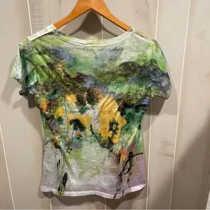 Cute vintage Y2K floral burnout bling top short sleeve mountains wildflower moss thumbnail 14