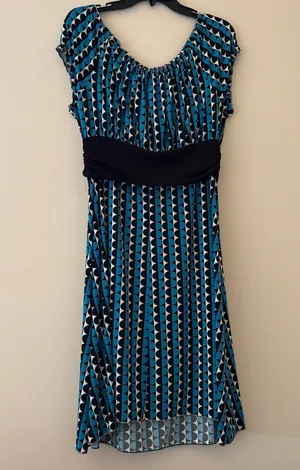 Max Studio Geometric Print Off Shoulder Empire Waist Midi Dress Blue Black Small thumbnail 2