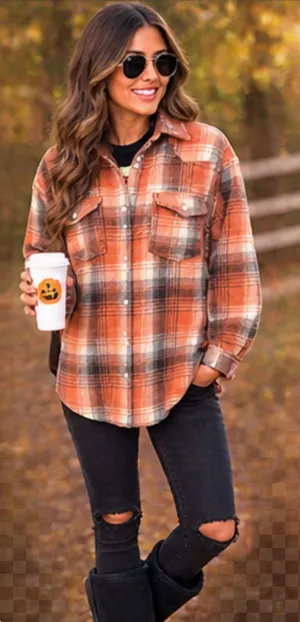 Fantastic Fawn Rust-Orange Plaid Soft Brush Button-Down Shirt / Shacket thumbnail 1