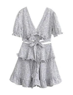 NEW White/Blue Floral Deep V Cutout Waist Ruffled Tiered Dress thumbnail 6