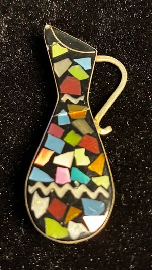 Modernist Sterling Silver Mosaic Inlay Jug Pitcher Pin Brooch Pendant thumbnail 1