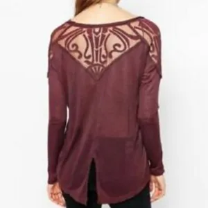 Free People Gatsby Top Embroidered Mesh Maroon Red Medium thumbnail 2