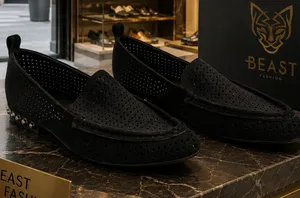 Beast Fashion Black Suede Perforated Studded Loafers NWB thumbnail 1