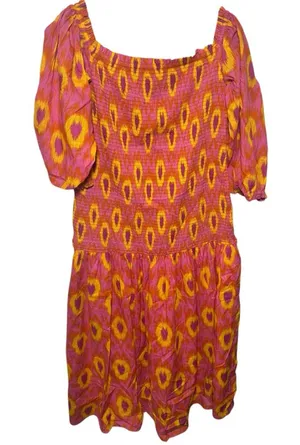 Zara Pink Orange Ikat Smocked Off Shoulder Puff Sleeve Midi Dress‎ Womens XL thumbnail 1