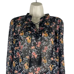 Xhilaration Floral Lace Up Sheer Top Blouse Black Size XS thumbnail 4