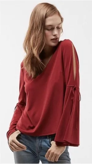 NWT Express Red V-Neck Long Bell Sleeve Open Shoulder Top Women's Size Small thumbnail 1