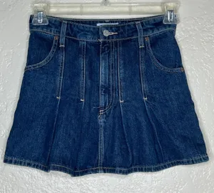 Zara Womens Blue Denim Pleated Mini Skirt Dark Wash Size XS 24 thumbnail 1