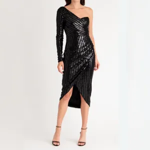 NEW Lulus Elegant Occasion Black Sequin One-Shoulder Midi Dress – Size Small thumbnail 6