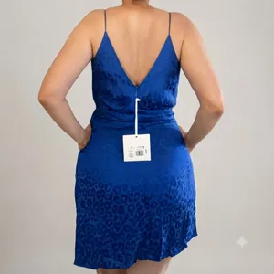 Asymmetric Royal Blue Flirty High/Low Lined Rouched Satin Animal Print Dress - NEW w/Tags thumbnail 3