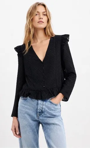 Zara Black Long Sleeve Ruffled Blouse thumbnail 1