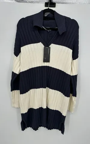 Future Collective Womens Chunky Knit Striped Sweater Dress Sz M Rugby Navy White thumbnail 1
