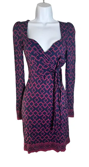 French Connection Navy Pink Geometric Faux Wrap Long Sleeve Mini Dress Size 2 thumbnail 1