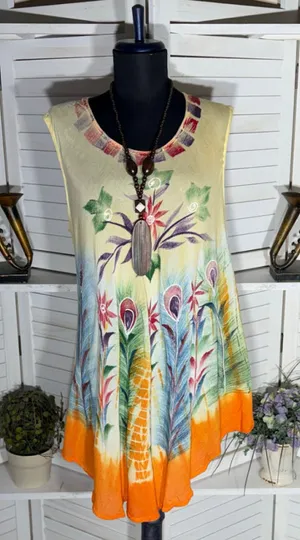 Vintage boho tunic mini dress beach cover up tropical resort cruise travel M L thumbnail 1