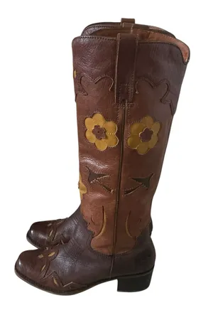 Vtg lucky brand western riding boots prominent yellow floral aplique pull-on thumbnail 1