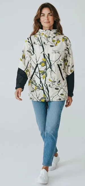 New Balance Cream Floral-Print Wind Breaker Jacket with Black Sleeve Panels thumbnail 1