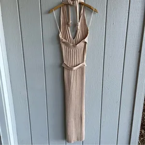 NICHOLAS Plunge‎ Neck Ribbed Cotton Knit Dress Neutral Beige Size M thumbnail 6