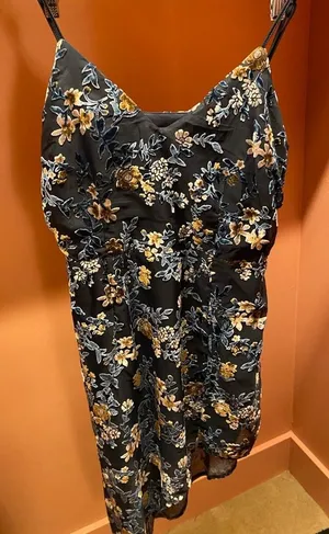 Lulu’s Navy Burnout Velvet Floral Mini Dress Sz Large Asymmetrical thumbnail 1