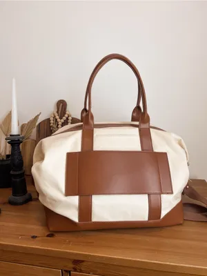 Canvas Weekender Bag with Brown Leather Trim thumbnail 5