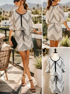 💥Trina Turk Silk Chevron Blouson Drawstring Waist Dress Black Ivory Sz 4💛 thumbnail 2