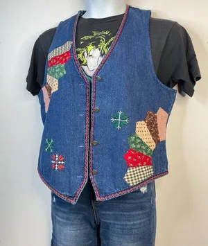 Susan Bristol Vintage Patchwork Embroidered Denim Boho Western Country Vest M thumbnail 8