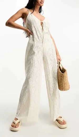 ASOS Womans Size 4 See Through,beach summer, jumpsuit wide leg in cream color thumbnail 1