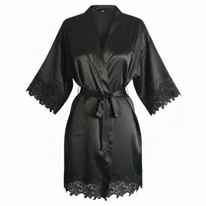Black Bridesmaid Satin Lace Kimono Robe‎ With Tie Sash Large thumbnail 4