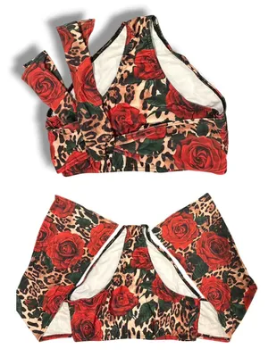 NWT Boohoo Leopard & Rose Print One Shoulder High Waist Bikini Set Size 10 thumbnail 3