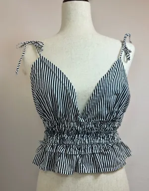 Sim &‎ Sam Crop Top Womens L Black White Striped Sleeveless Ruched V neck thumbnail 1