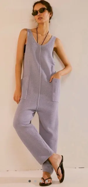 Free People Hailee Sweater Jumper Lilac XS Waffle Knit Cotton Jumpsuit Pockets thumbnail 1