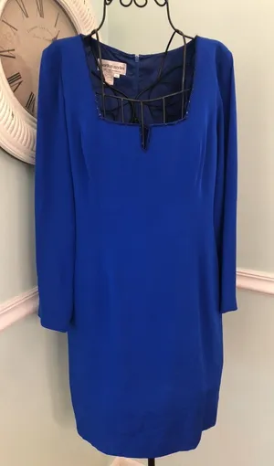 Silk Dress Morton Myles Electric Blue‎ V Neck Sequin Lined sz 12 Long Sleeve thumbnail 1