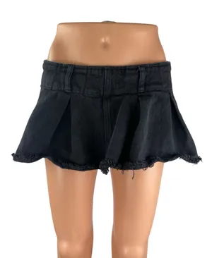 Edikted Black Denim Pleated Raw Frayed Hem Micro Mini Flare A-Line Skirt Size M thumbnail 1