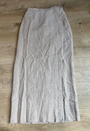 EUC Eileen Fisher Delave 100% Linen Wrap Skirt Beige Coastal MADE IN USA size S thumbnail 1