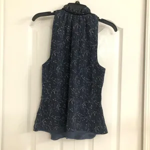 Tahari womens silk lined ruffle neck button front tank top blue Small thumbnail 2